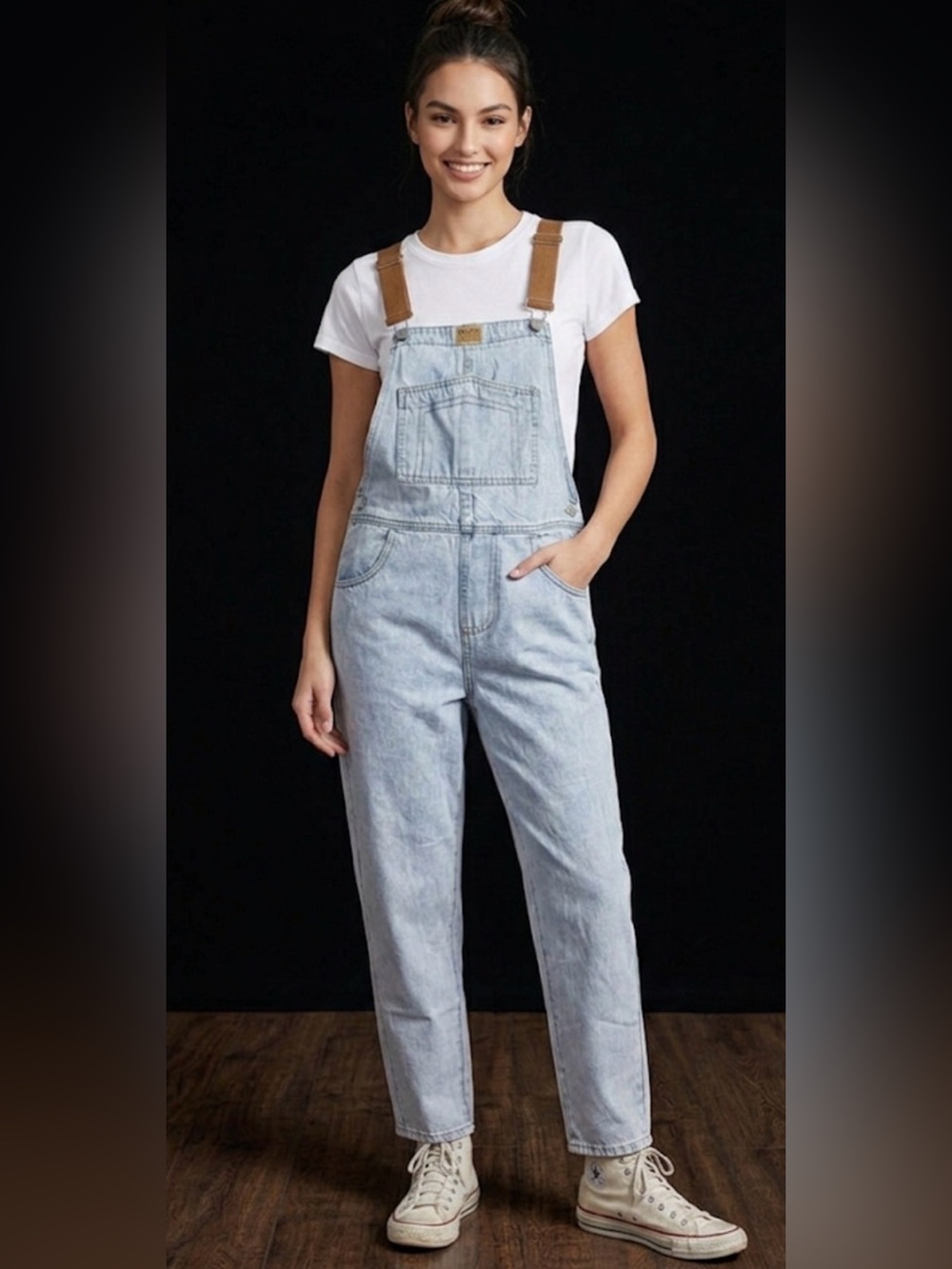 Light Wash Denim Women's Overalls with Brown Straps
